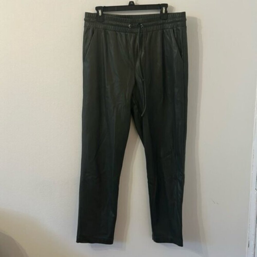 LOFT Dark Green Caper Slim Pull on Leather Pants Tie Waist - Picture 2 of 5